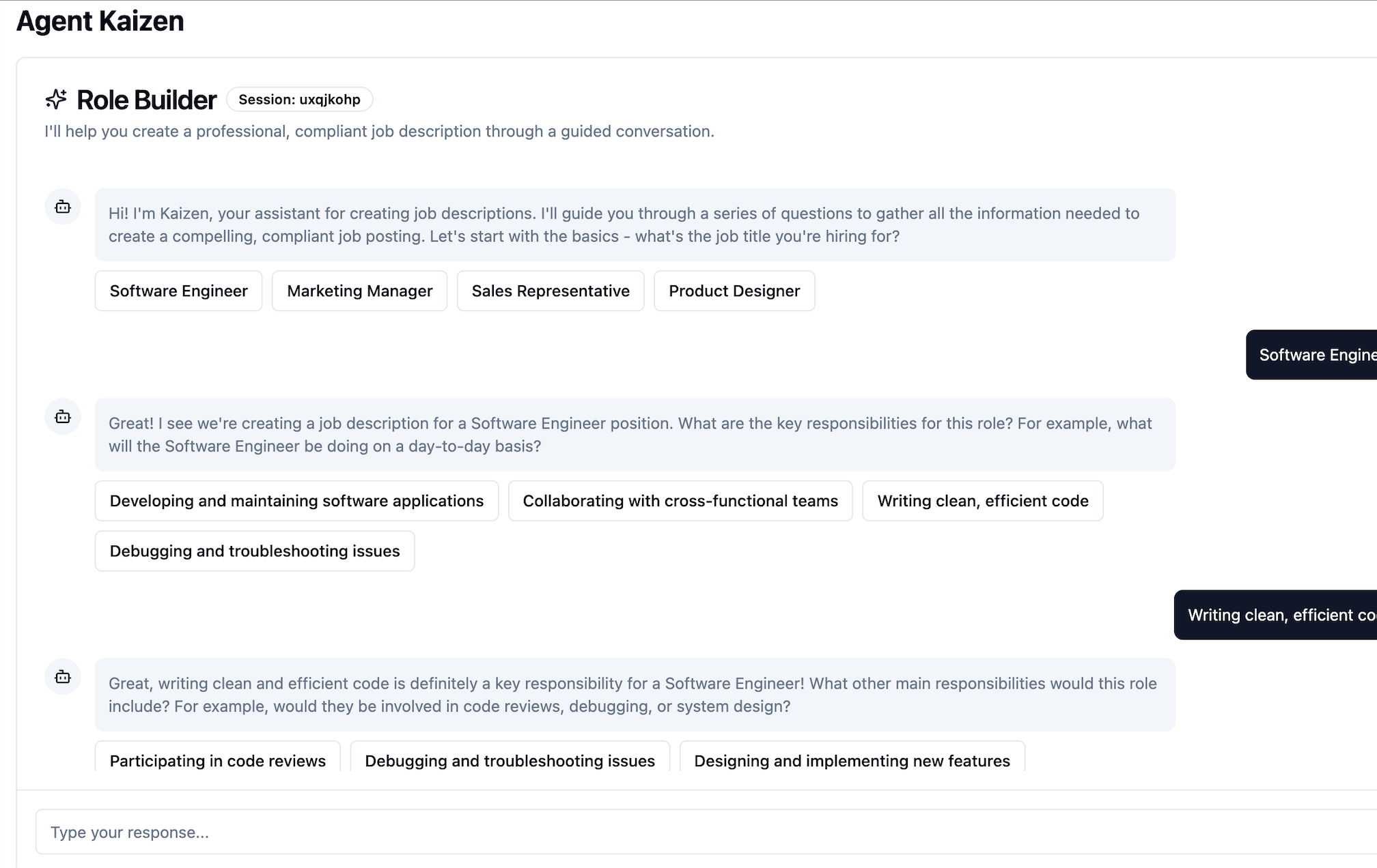 Agent Kaizen Role Builder interface showing dynamic role creation with technical requirements and success markers