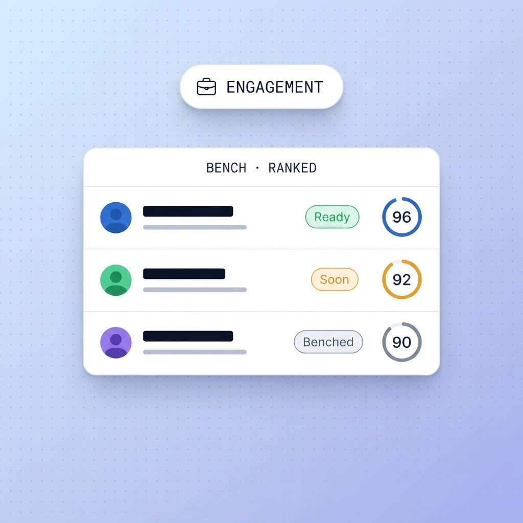 A consulting bench ranked against an engagement with readiness chips and fit-score ring gauges
