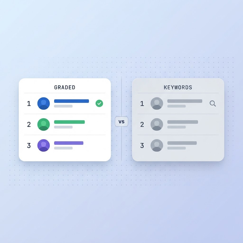 A graded top-three candidate list side by side with a different keyword-based top-three list