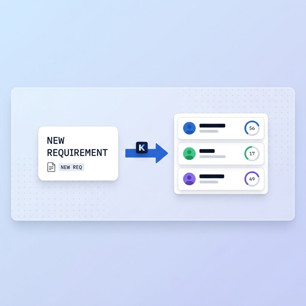 A new requirement flowing into a re-qualified candidate database with fit-score ring gauges