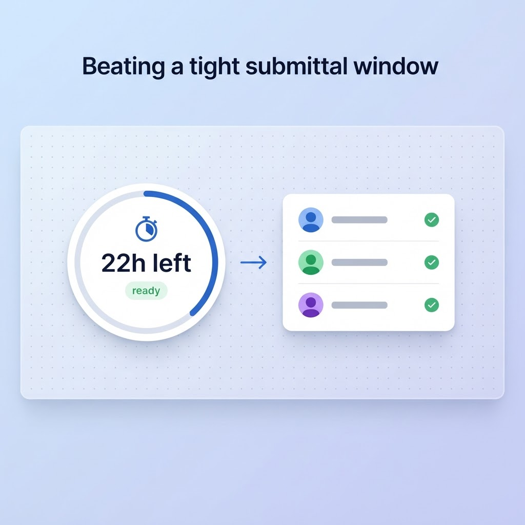 A submittal-window countdown timer beside a ready, qualified candidate shortlist